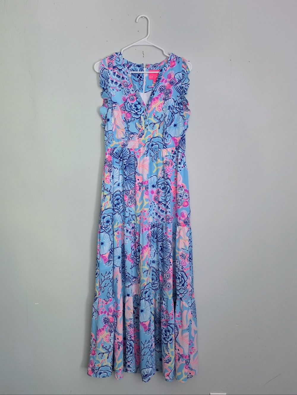 Lilly Pulitzer Blue Floral Ruffle Sleeve Maxi Dress